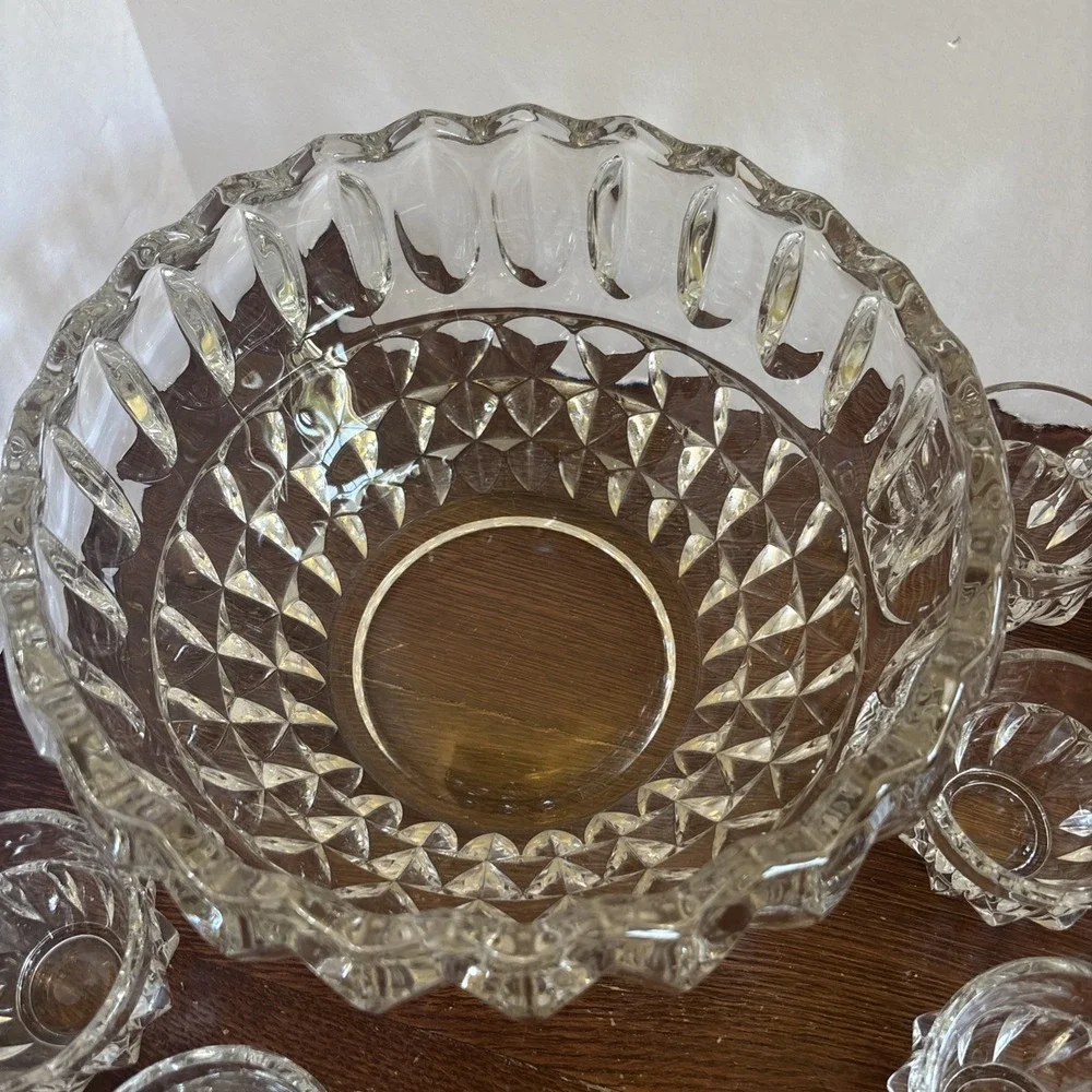 Vintage Set Punch Bowl With 12 Cups Indiana Glass‎ Lotus Blossom Heavy Cut